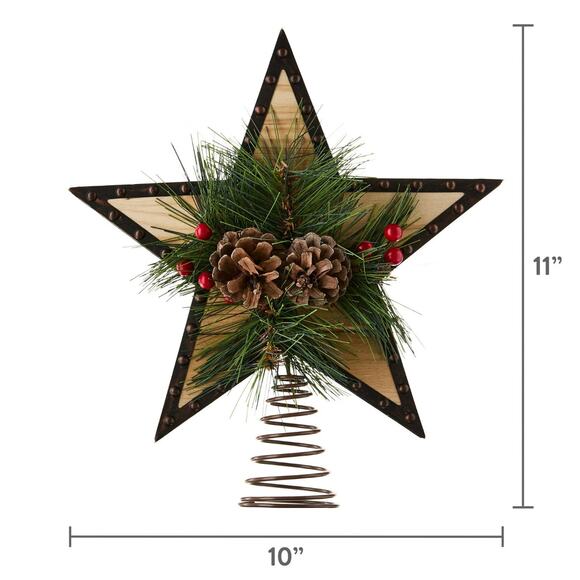 Rustic Wooden Metal Star Christmas Tree Topper 11" Pinecone Holly Holiday Decor - Picture 5 of 5